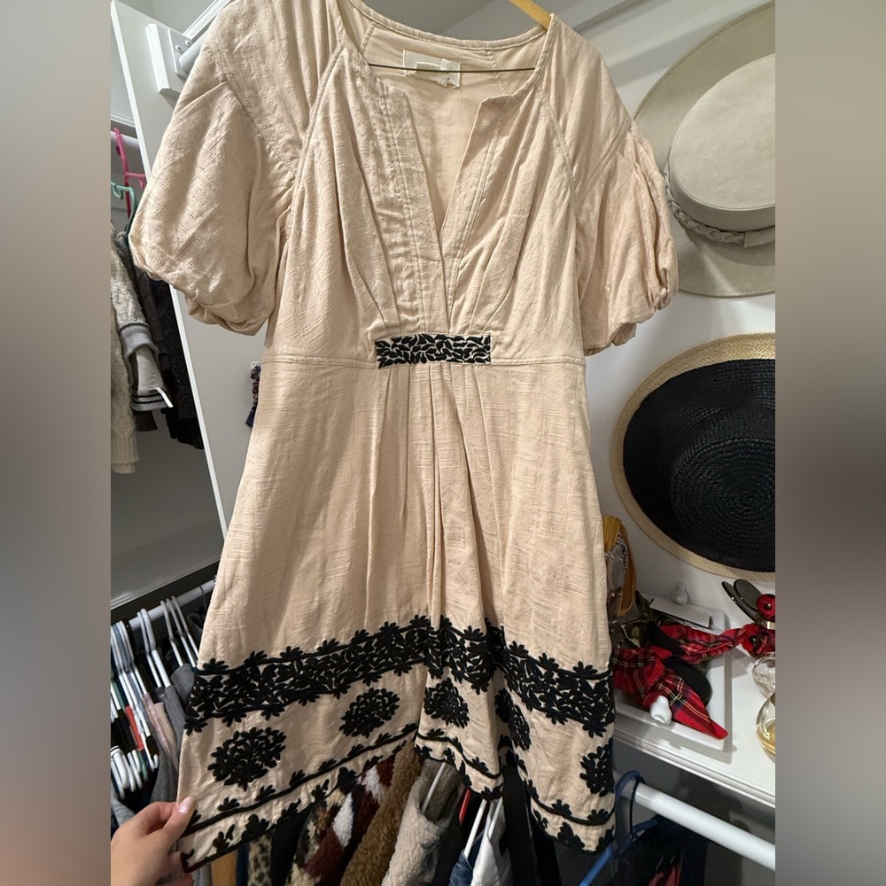 Anthropologie Cream Embellished Ruffled Midi Dress